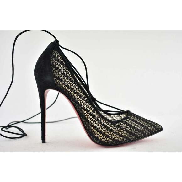 Christian Louboutin Peropik 100 Black Suede Lace Up Tie Sandal Heel Pump 38 - Picture 2 of 12